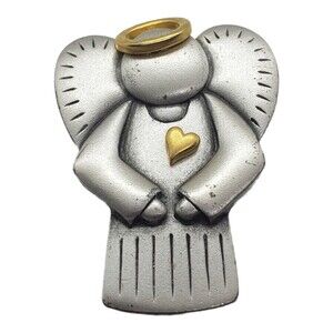Angels Watch Over Me Brooch Vintage 70's Pewter Goldtone Halo&Heart Engraved